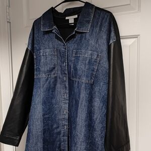 Ashley Stewart Curvy Girl Long Sleeve Denim And Leather Shirt